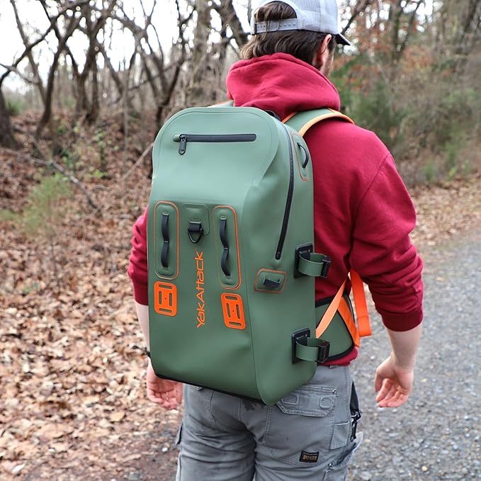 YakAttack 28L DryPak Waterproof Backpack with 2 Attachable Fishing Rod Holders – Green/Orange | Floating Marine Dry Bag Pack with Padded Straps | Lightweight Hiking & Kayaking Gear & Storage Drybag