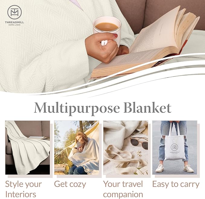 Threadmill Luxury Cotton Blankets for Queen Size Bed | All-Season 100% Cotton Queen Size Blanket | Herringbone Cozy, Soft Breathable Fall Thermal Blanket fits Full Size Bed | Tusk White