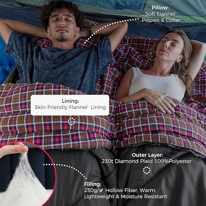 KingCamp Double Sleeping Bag for Adults, Queen Size 2 Person XXL Flannel Sleeping Bag, Waterproof Lightweight Flannel Quilt with 2 Pillows, Perfect for Couples Family Camping Hiking