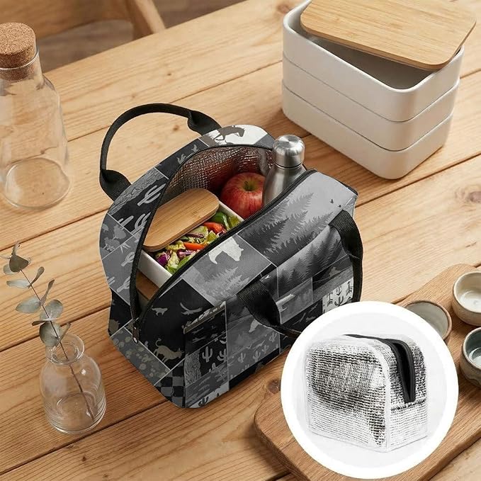 Western Retro Denim Insulated Lunch Bag Bear Deer Bird Nature Landscape Cactus Thermal Tote Portable Size (01)