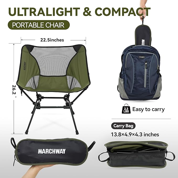 MARCHWAY Ultralight Folding Camping Chair, Heavy Duty Portable Compact for Outdoor Camp, Travel, Beach, Picnic, Festival, Hiking, Lightweight Backpacking (Green)