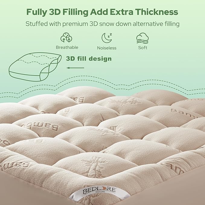 BEDLORE Queen Mattress Topper Viscose Derived from Bamboo, Thick Pillow Top Mattress Pad with Stretchable Pockets for 6-18 inches Mattress, Soft Mattress Topper for Back Pain Relief(Beige)