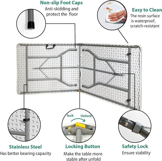 6 Foot Folding Table 6ft Fold in Half Heavy Duty Plastic Foldable Table, 72 inch Portable Table with Handle,Indoor Outdoor 6‘ Utility Card Tables for Picnic, Party, Dining
