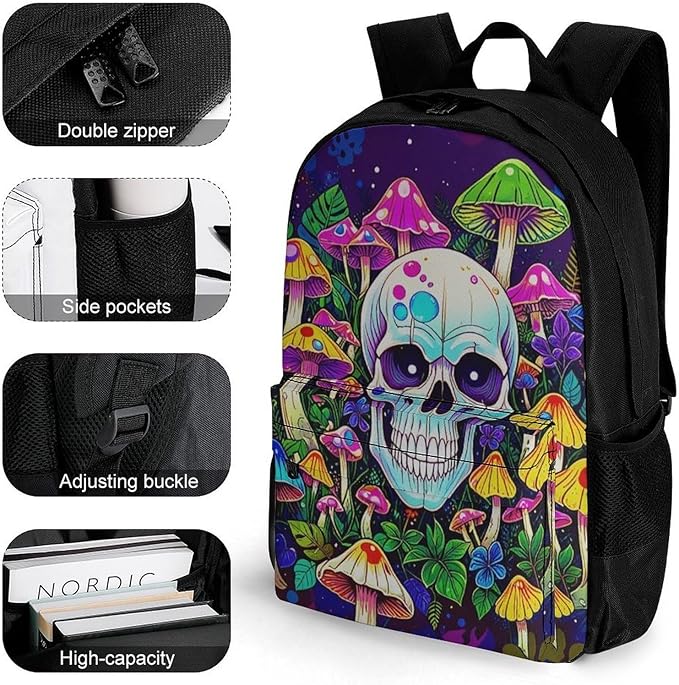Supdreamc Men Women Lightweight Glowing Skull Mushroom Art Backpack Large Capacity Bookbag With Smooth Zippers for Gym Business Running