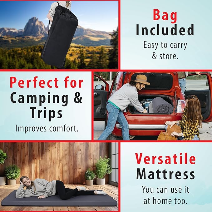 4" x 38" x 75" Memory Foam Roll-Up Camping Mattress with Water Resistant Zipper Cover, Foldable and Portable for Camping, RV Bunk, Tent, Guest Bed, Outdoor and Dorm