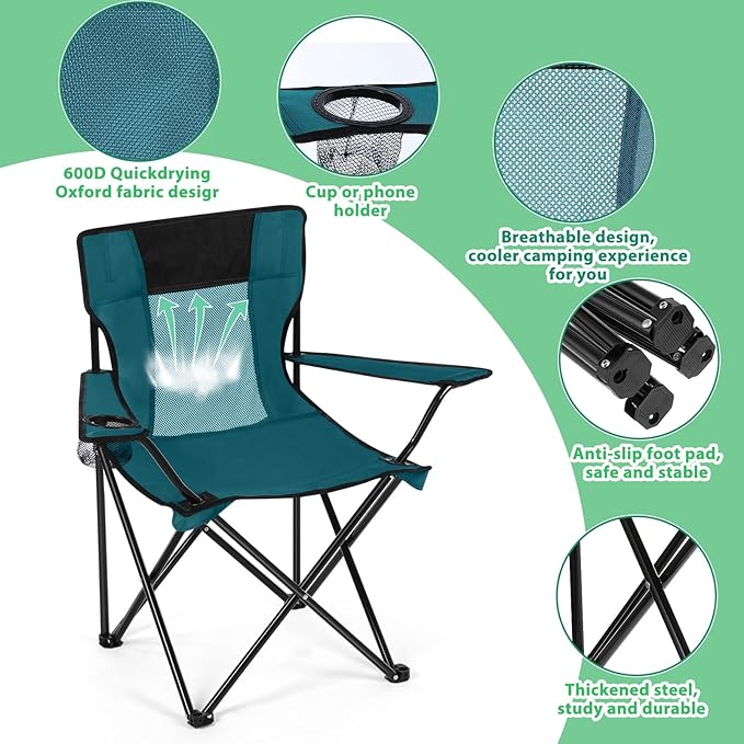 Shellwei 2 PCS Folding Camping Chair with Cupholder and Carry Bag Regular Size Colorful Breathable Portable Lightweight Lawn Chair with Side Pocket for Fishing Hiking Beach Outdoor Activity