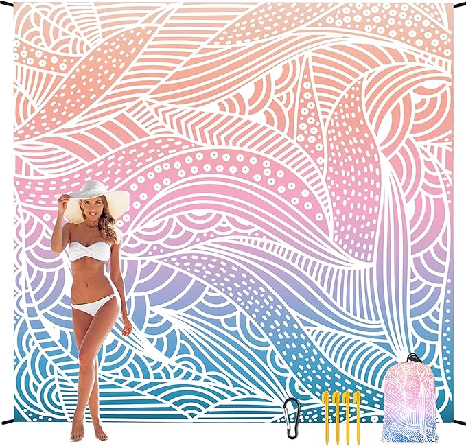 Beach Blanket, Sandproof Beach Mat, Waterproof Quick Drying Lightweight Outdoor Aztec Picnic Mat 79" X 83"/120"x108" for 2-8 Adults for Travel, Camping, Hiking