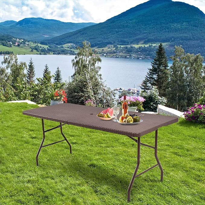 Tangkula 6Ft Rattan Folding Table, Indoor Outdoor Portable Foldable Table with 1.8 Inch Umbrella Hole, Heavy Duty Metal Frame, Carrying Handle for Camping Picnic Backyard BBQ