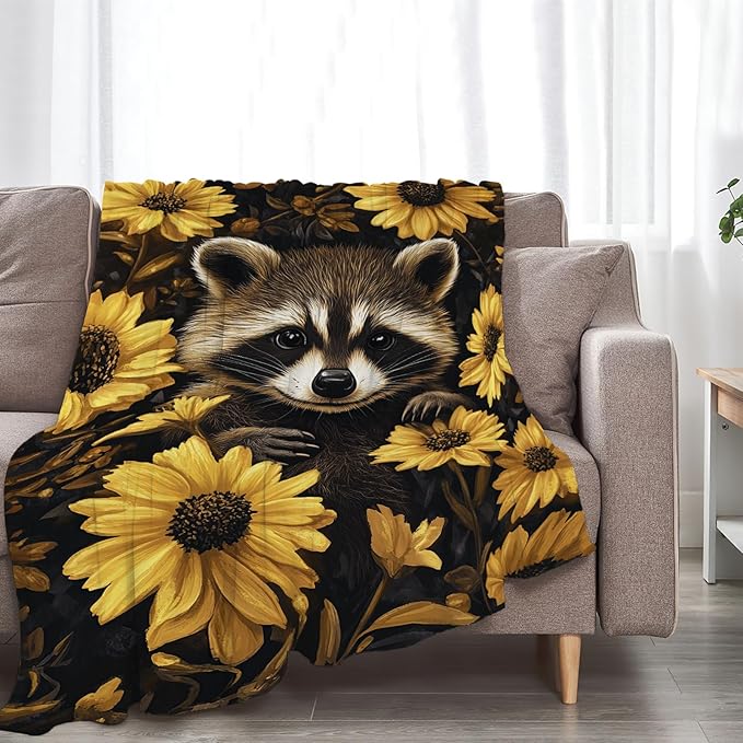 Raccoon Blanket Cute Raccoon Lover Floral Animal Throw Blankets Gifts for Girls Boys Kids Soft Cozy Fleece Plush for Couch Sofa Bed 80"x60"