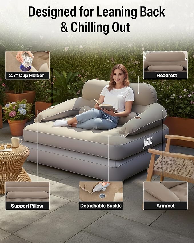 JEASONG Blow Up Couch Air Mattress Queen with Built in Pump, 2-in-1 Air Sofa & Inflatable Mattress, AirBed Blow Up Mattress with Headboard & Cupholder, Inflatable Couch for Camping, Movie Night, Guest