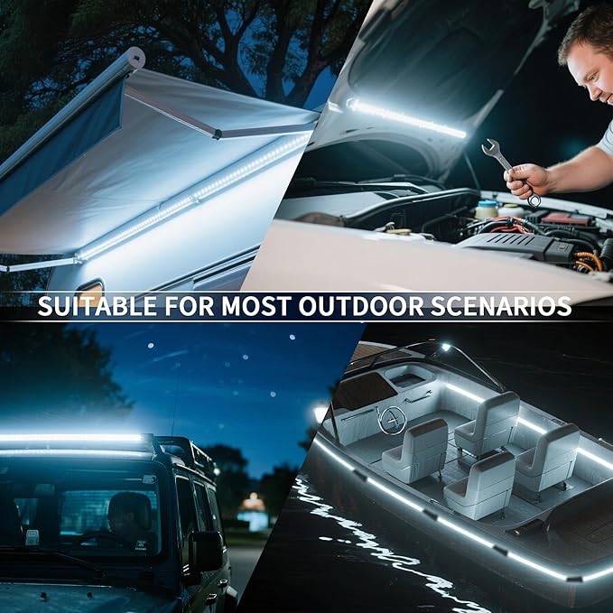 12V LED Light Bar Kit, 2 Bars White & 2 Bars Amber Adjustable Brightness RV Camping Lights - Waterproof IP67, Magnetic & Velcro Mount, Portable Lighting for Tent, Car, Trailer, Boat, Truck, Off-Road