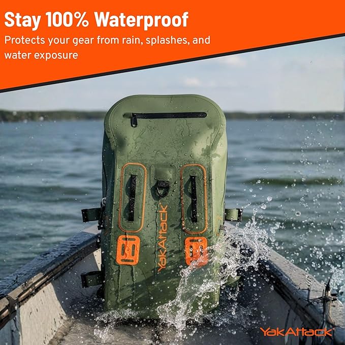 YakAttack 28L DryPak Waterproof Backpack - Green/Orange | Floating Marine Dry Bag Pack with Padded Straps for Kayaking, Fishing & Hiking | 10" x 22" x 12" | Lightweight Outdoor Gear & Storage Drybag
