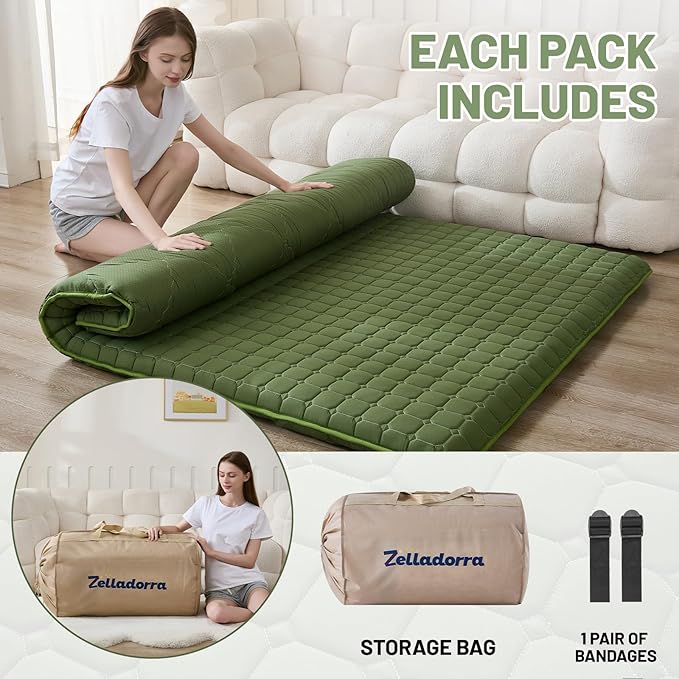 Japanese Floor Mattress Twin, Anti-Slip Japanese Futon Roll Up Tatami Mat for Guests, Green