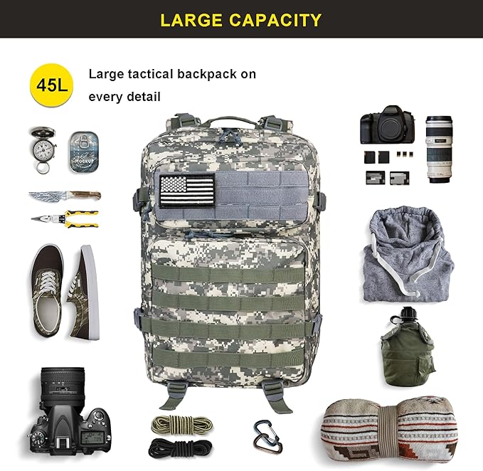 Zavothy 45L Military Tactical Backpack, Army 3-Day Assault Pack Bug Out Bag for Hiking Camping | Army, Bag, Large Rucksack, with Molle System
