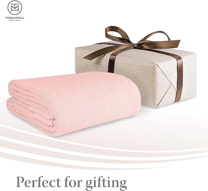 Threadmill Luxury Cotton Blankets for King Size Bed | All-Season Cozy 100% Cotton King Size Blanket | Herringbone Soft Fall Thermal Blanket fits Cal King Size Bed | English Rose