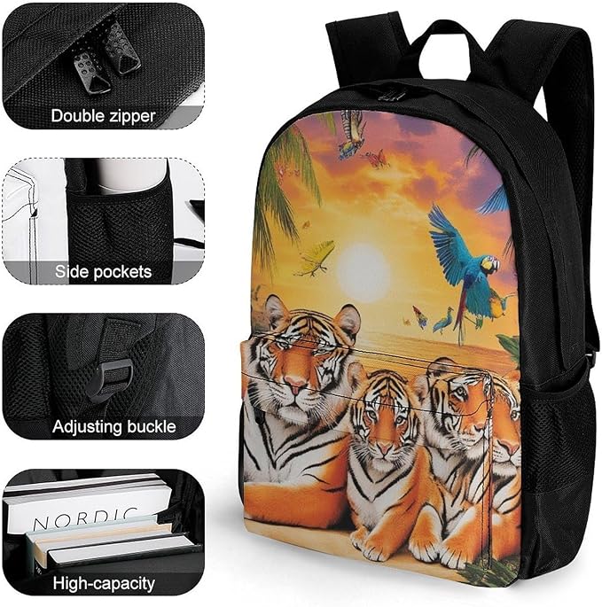 Supdreamc Men Women Polyester Tropical Tiger Animal World King Art Daypack Big Capacity Shoulder Bag With Adjustable Shoulder Straps for Camping Travel Walking Cycling