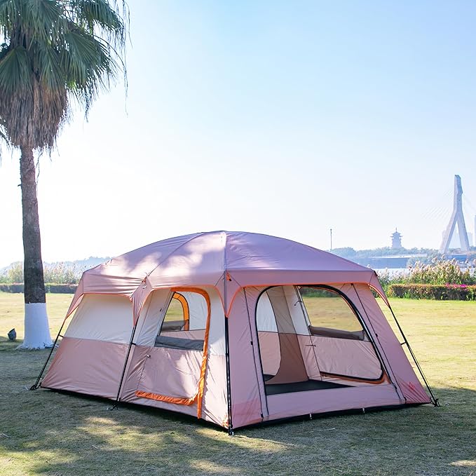 KTT Extra Large Tent 6-10-12-14 Person(Style-B),Family Cabin Tents,2 Rooms,3 Doors and 3 Windows with Mesh,Straight Wall,Waterproof,Double Layer,Big Tent for Outdoor,Picnic,Camping,Family Gathering