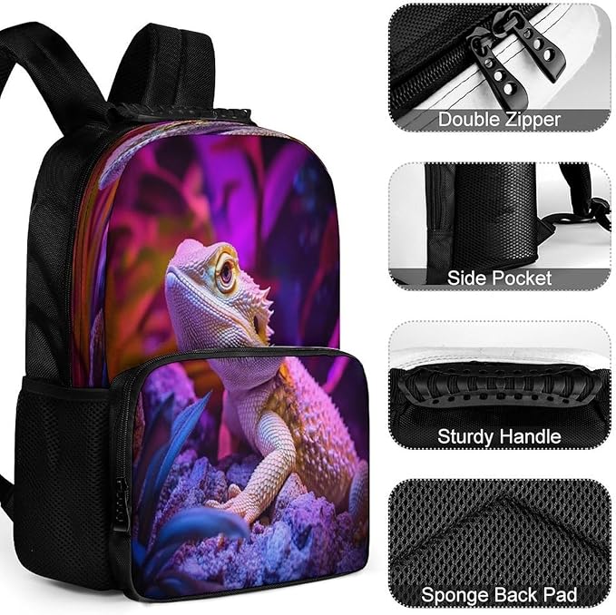 Lightweight Backpack for Gym Travel Bicycle, Big Capacity Multipurpose Anti-Theft Carry On Bag, Purple Art Cool Bearded Dragon Lizards Travel Hiking Bag Day Pack