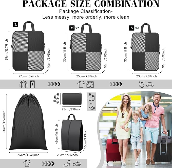 8 Set Compression Packing Cubes for Travel, Expandable Waterproof Travel Organizer, Lightweight Luggage Organizer with Shoes & Laundry Bags, Travel Accessories for Men Women, Black