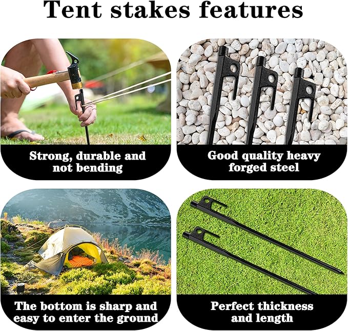 12 Pack Tent Stakes Heavy Duty, Metal Black Camping Stakes, Steel Tent Spikes, Canopy Stakes, Tent Pegs for Car Camping, Yard Decoration, Tarp, Shade Tent, Picnic