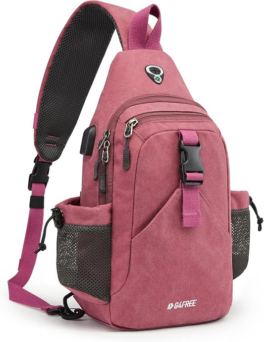 G4Free Canvas Sling Bag Crossbody Backpack with USB Charging Port & RFID Blocking, Hiking Daypack Chest Bag for Women Men