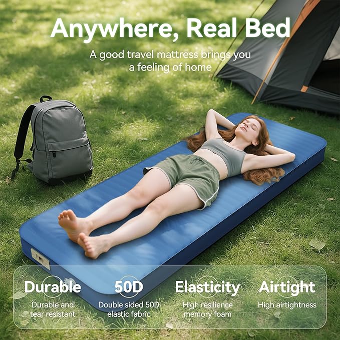 Sleeping Pad for Camping, Self Inflating 4" Ultra-Thick Memory Foam Camping Mat with Built-in Electric Pump, 9.5 R-Value Insulated Air Mattress Sleeping Pads for Car Travel Tent Cot