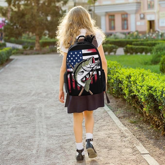 Men Women Polyester Vintage Bass Fishing Lure American Flag Daypack Big Capacity Shoulder Bag With Smooth Zippers for Hiking Work Walking Cycling