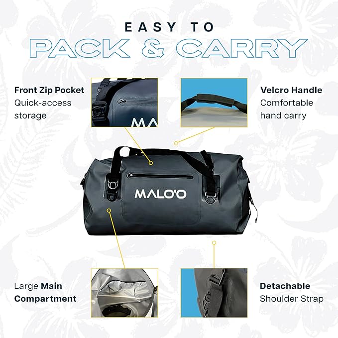 Malo’o Waterproof Dry Duffel, Heavy-Duty Roll Top Waterproof Gear Bag with Shoulder Strap & Molle Loops, Marine Duffel for Kayaking, Boating, Camping, Beach & Travel, Black, 40L
