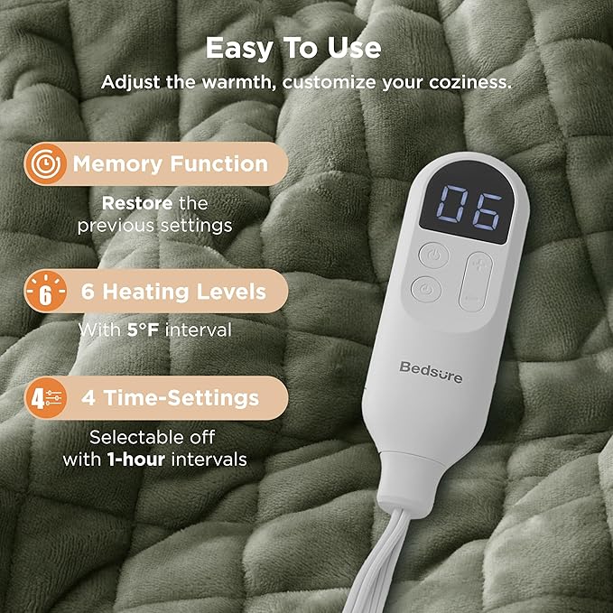 Bedsure Heated Blanket Throw Blanket - Quilted Electric Blanket, Soft Flannel Thick Heating Blanket with 4 Time Settings & 6 Heating Settings, Warm Gifts for Women Men (50x60 inches, Olive Green)