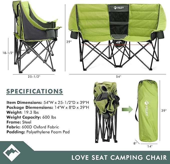 VILLEY Double Camping Chair w/Cooler Bag, Extra Wide Loveseat, Heavy Duty Padded Camping Couch, Portable Folding Chair w/Carry Bag Steel Frame Cup Holders for Camp Lawn Picnic Sports, Support 600LBS