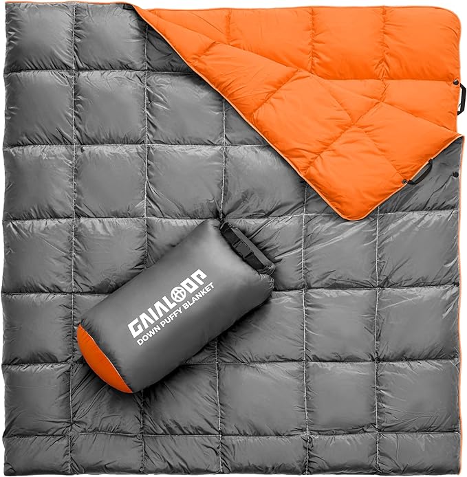 Down Puffy Blanket for 2 Person Car Camping Outdoor Travel Backpacking, 80% Duck Down & 20% Feather Lightweight Portable Soft Warm Cozy Camping Blanket Quilt, Light Gray