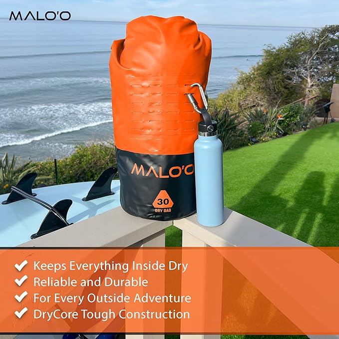 Malo’o DryPack 30L Waterproof Kayak Dry Bag, Heavy Duty Roll-Top Dry Bag with MOLLE Grid and Carry Straps for Fishing, Paddle Boarding, Boating, Camping, and Travel, Orange