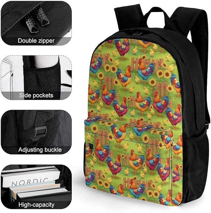 Shoulder Book Bags Polyester Multipurpose Anti-Theft Rooster Chicken Garden Flowers Painting Carry On Bag Large Capacity Travel Hiking Camping Rucksack