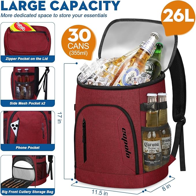Capolo Cooler Backpack for Men Women Insulated Backpack Cooler Leak Proof Thermal Bag Beverage Soft Cooler Bag Lunch Backpack for Camping 30/45 Cans