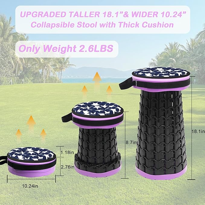 ALEVMOOM Collapsible Stool with Cushion, H18.1 D10.24 Portable Telescoping More Sturdy Load Capacity 600Lbs, Retractable Adjustable Camping Folding Stool for Outdoor Hiking BBQ Climb