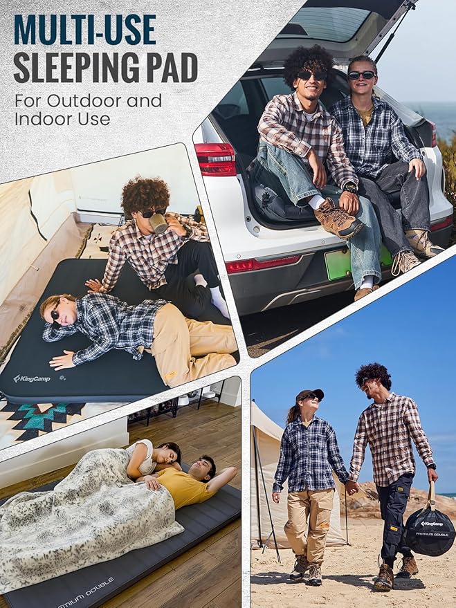 KingCamp Self Inflating Sleeping Pad, Insulated Air & Foam Camping Mattress 2 Person for All Seasons, 3" Thick Full Double Size Sleeping Mat for Camp Tent Outdoor Car, PVC Free，R 3.5/7.9 Dual Side