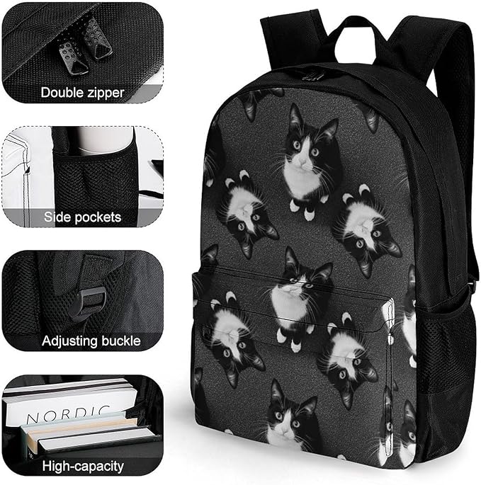 Daypack Backpack Anti-Theft Multipurpose Large Capacity Carry On Bag, Black White Cat Traveling Camping Backpack With Side Pockets