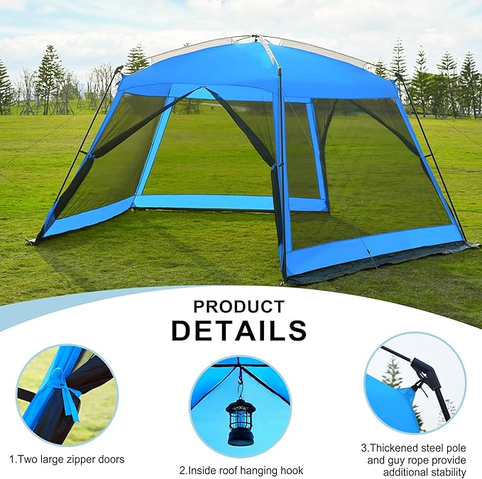 Hyper Venture Screen House 14x14ft Canopy Tent with 5-Sided Netting, Easy Setup, Portable Gazebo Shelter for Outdoor Camping, Gathering, Party, Picnic, Blue