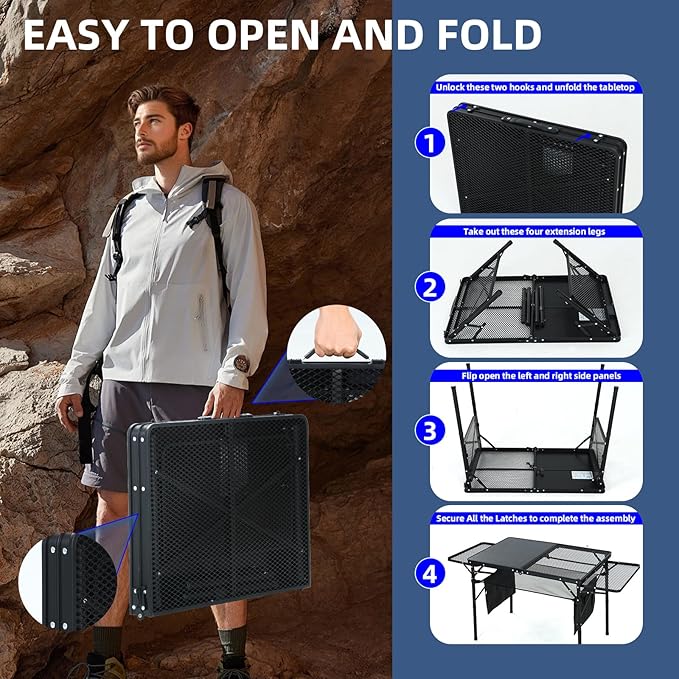 CDEN Camping Table, Grill Table, Folding Outdoor Table with Charging Station, Solar Panel, USB Type-C DC outlets, for Phone provided, 42W Output, 2 Side Shelves, mesh net, Cup Holder