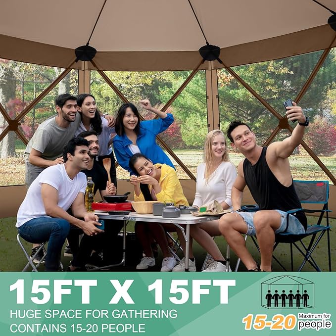 COBIZI 15x15 FT Pop Up Gazebo - Canopy Tent, Large Gazebos On Clearance with Sidewalls, Screened in Gazebo,carpas para Patio,Portable Screen Tents for 12-15 Persons Outdoor Camping, Backyard,Khaki