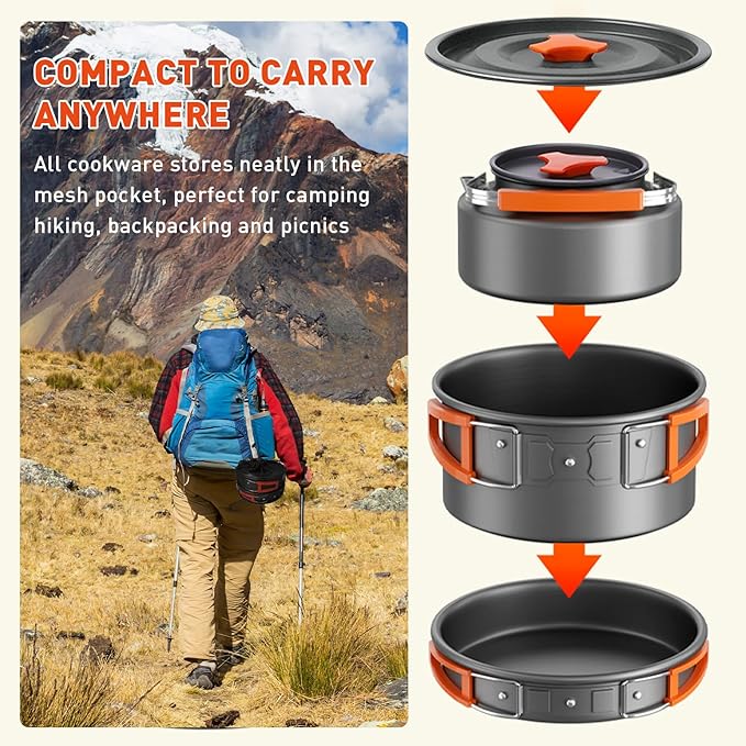 Camping Cookware Camping Cooking Set, Non-Stick Pots and Pans with Kettle, 2 Stainless Steel Plates, 2 Water Cups, 2 Sets of Knives and Forks, Spatula, Dish Towel, Backpack Storage Bag