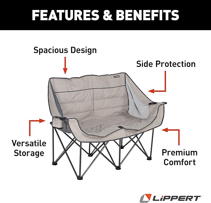 Lippert Campfire Folding Loveseat with 500-lb. Weight Capacity, Carry Bag, Durable Mesh Fabrics, High-Loft Cushioning, Storage Pocket, Dual Cupholders, Stemmed Wine Glass Holder (Sand) - 2021000205