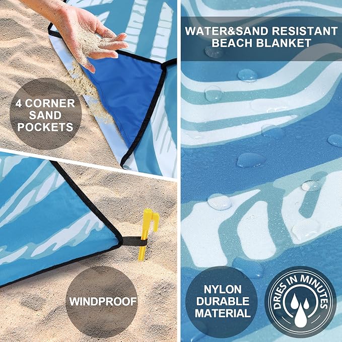 Beach Blanket, Sandproof Beach Mat, Waterproof Quick Drying Lightweight Outdoor Aztec Picnic Mat 79" X 83"/120"x108" for 2-8 Adults for Travel, Camping, Hiking