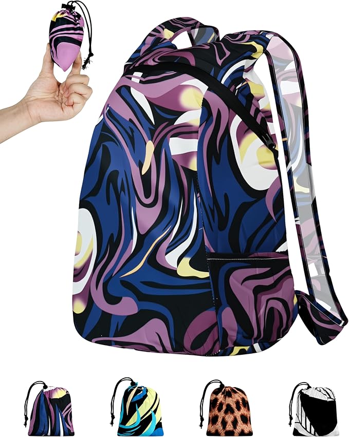 Pocket-Sized Hiking Daypack, Fashion patterns Lightweight 2.8oz, Water resistant Backpack for Women Men Camping (Purple swirl)