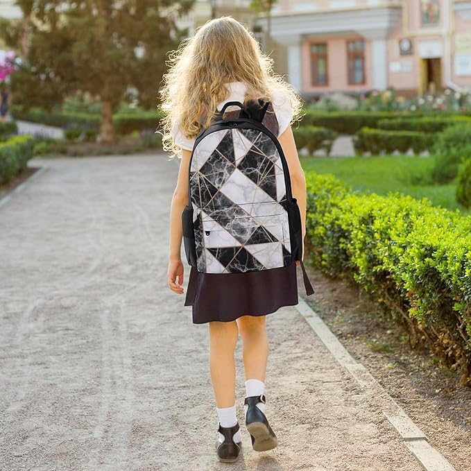 Men Women Polyester Rose Gold Glitter Marble Geometric Triangle Daypack Big Capacity Shoulder Bag With Adjustable Shoulder Straps for Camping Travel Walking Cycling