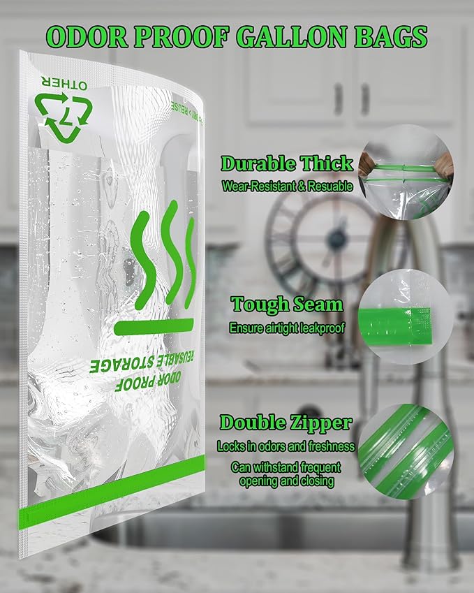 Smell Proof Food Bags - 12 x 16 Inch Smell Proof Freezer Bags for Camping and Food Storage - Reusable Odor Proof Bags Large Stand Up Double Zip and Odor Control(5 Pack)