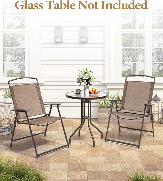 Crestlive Products Set of 2 Patio Dining Chairs, Outdoor Folding Chairs Portable Sling Recliner with Armrest for Camping, Garden, Backyard, Deck Brown