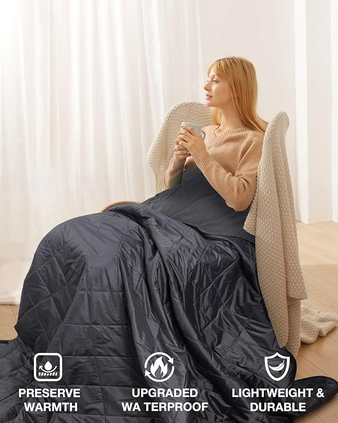 DUKUSEEK Large Waterproof Camping Blanket, Cold Weather Warm Fleece Blankets Windproof Triple Layers for Stadium,Camping, Concerts, Car, Dog