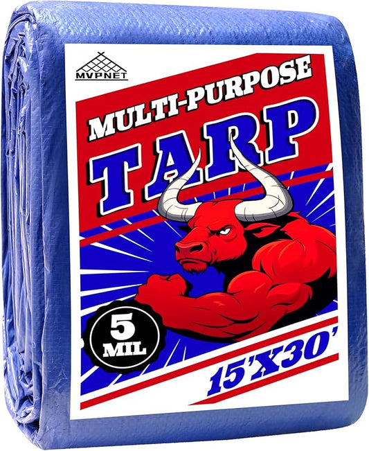 Tarp 15x30 ft 100% Waterproof Uv Resistant High Durability Multipurpose 5mil Blue Tarp for Covering Courtyards, Cars, Camping, Gardens, Pet Nests -by MVPNET
