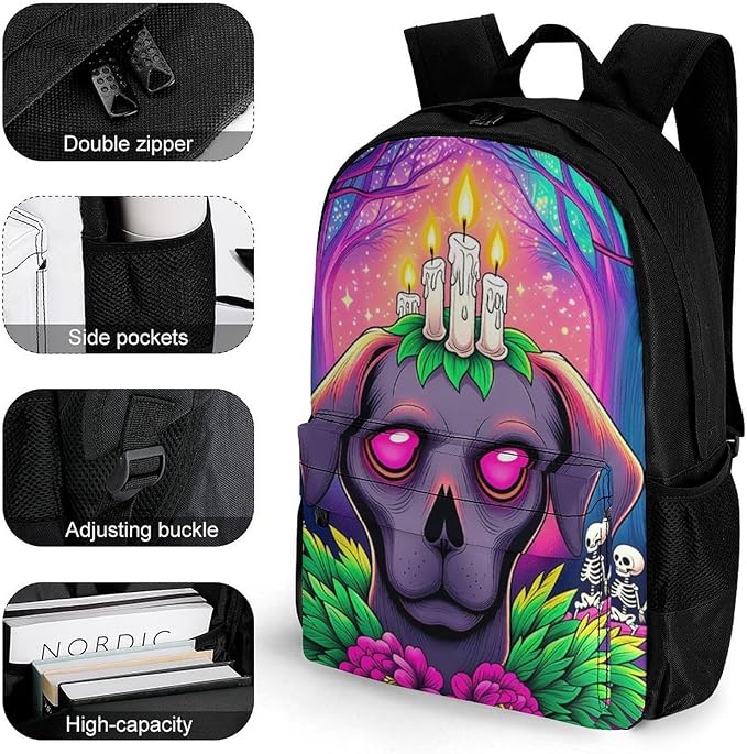 Supdreamc Men Women Polyester Surrealist Dog Halloween Skeletons Flowers Fantasy Art Daypack Backpack Large Capacity Carry On Bag With Smooth Zippers for Hiking Picnic Walking Cycling